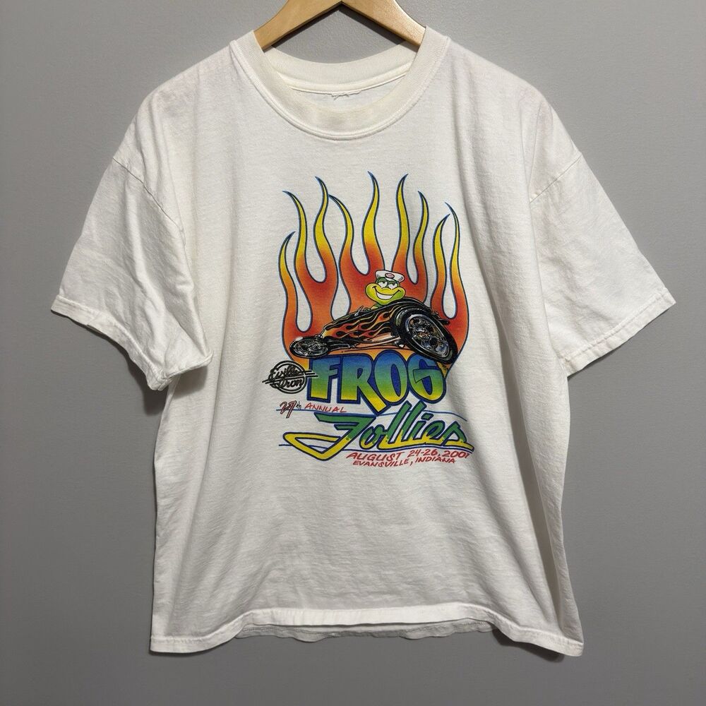 Vintage Frog Follies Shirt Men's 2XL White 2001 Car Show Hot Rod Got Fire